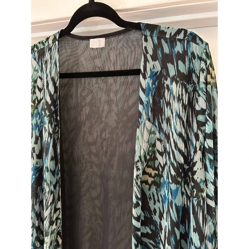 Chicos Mesh Open Front Cardigan Blue Teal Abstract Print Long Sleeve Top M L